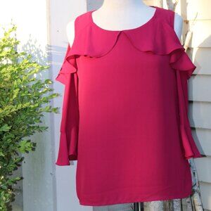 Roz & Ali Rose Pink Ruffled Neck & Cold Shoulder 3/4 Bell Sleeve Crepe Top Sz S
